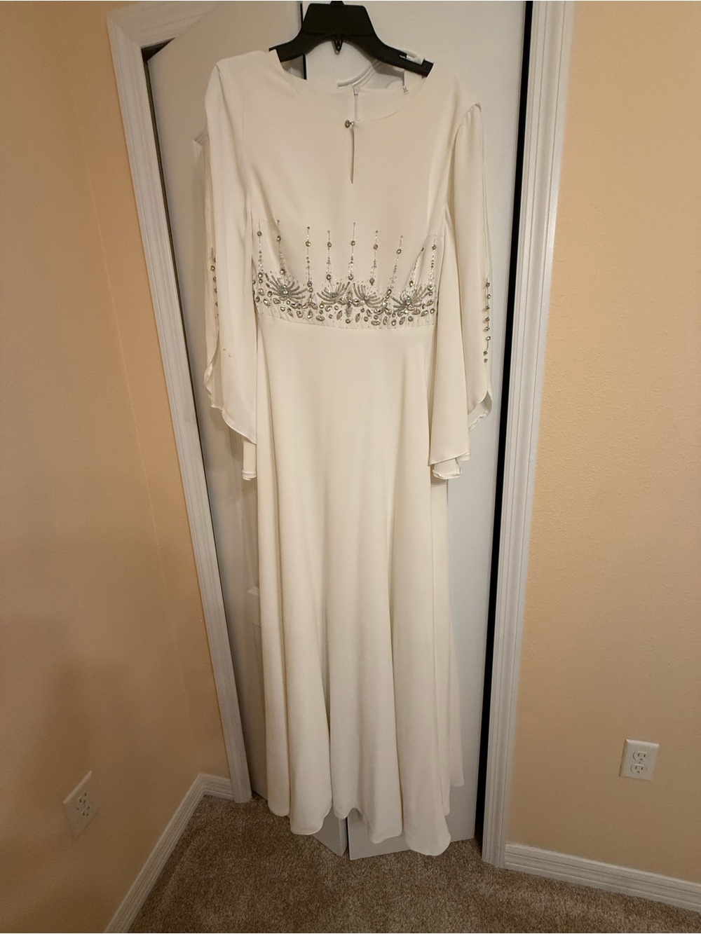 Elegant White Beaded Long Sleeve Evening Dress